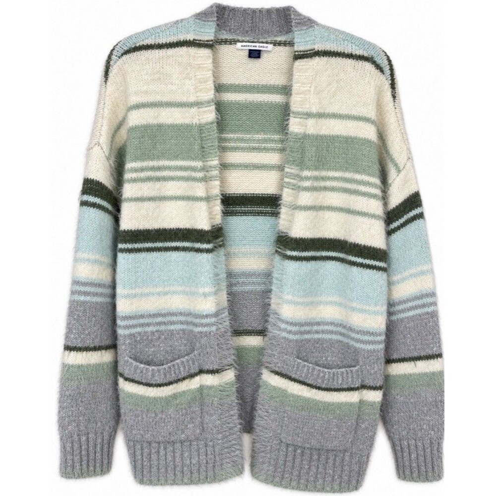 American Eagle Women’s XS Fuzzy Oversized Cardigan Sweater Striped Open Front